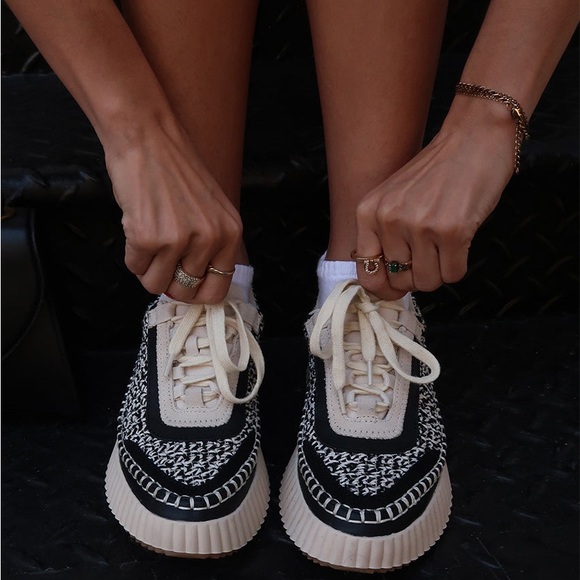 Dolce Vita Dolen Sneakers Black Knit Tennis Shoes Leather line - Picture 3 of 16